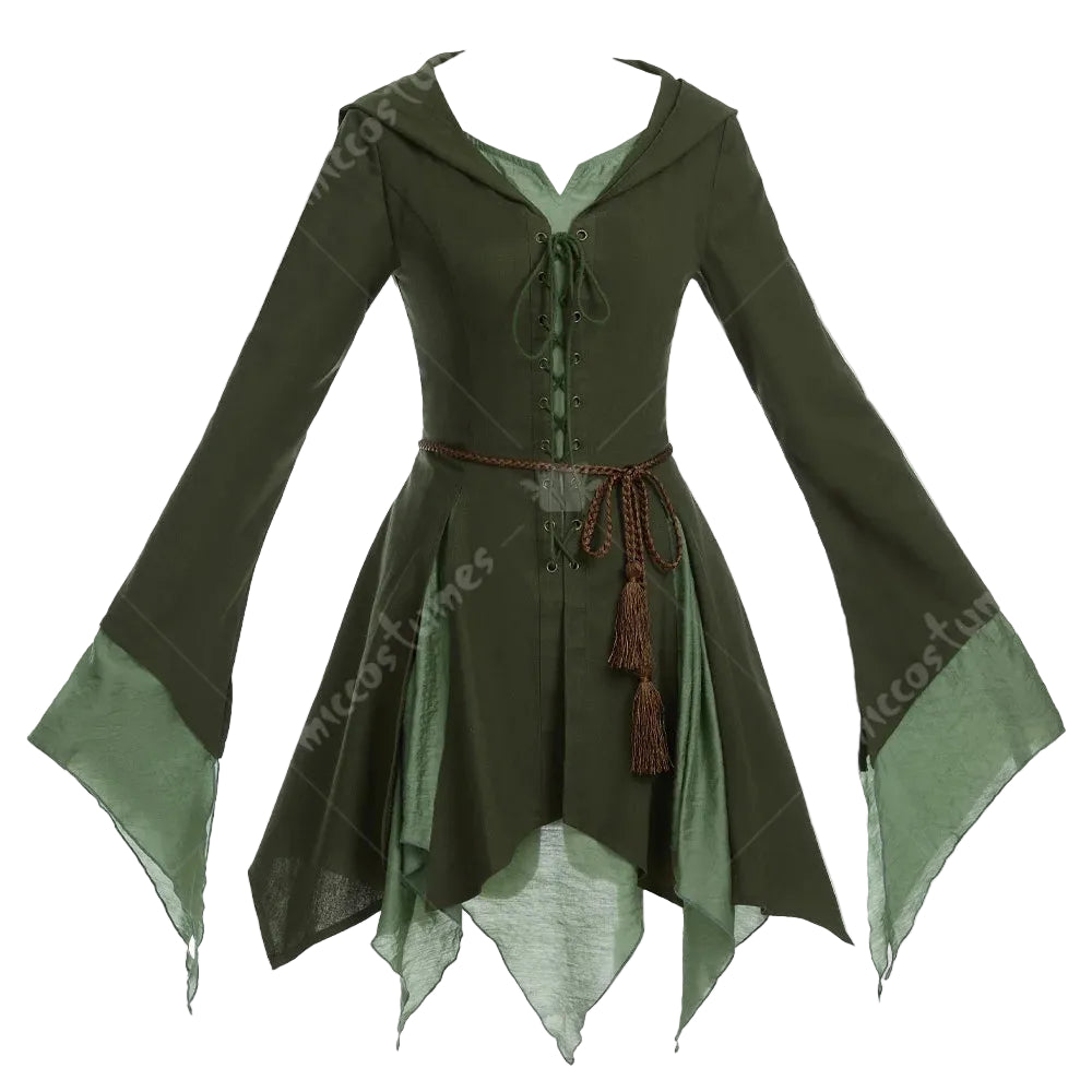 Women's Renaissance-Inspired Linen Blend Dress with Bell Sleeves and Adjustable Waist Belt