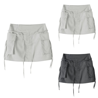 High Waist Cargo Mini Skirt with Lace-Up Detail and Utility Pockets