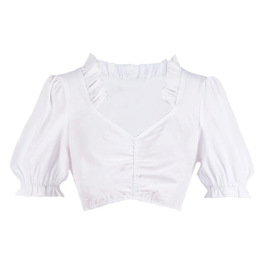 Traditional Floral Embroidered-Style Dirndl Dress with Corset Lacing and White Puff Blouse
