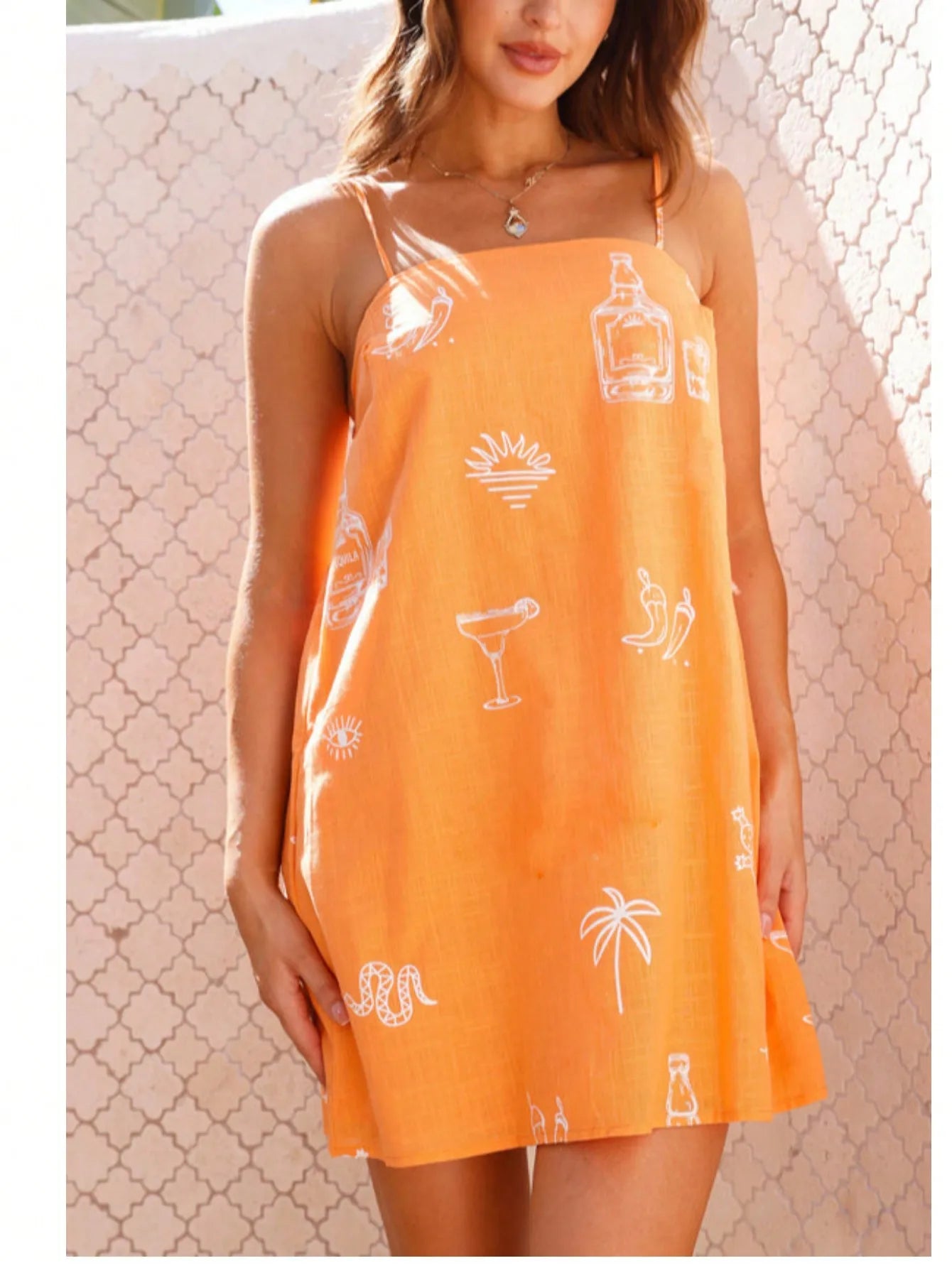 Spaghetti Strap Graphic Print A-Line Mini Dress with Relaxed Summer Silhouette