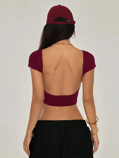 Women's Backless Short Sleeve Crop T-Shirt for Modern Minimalist Streetwear Summer Fashion Style