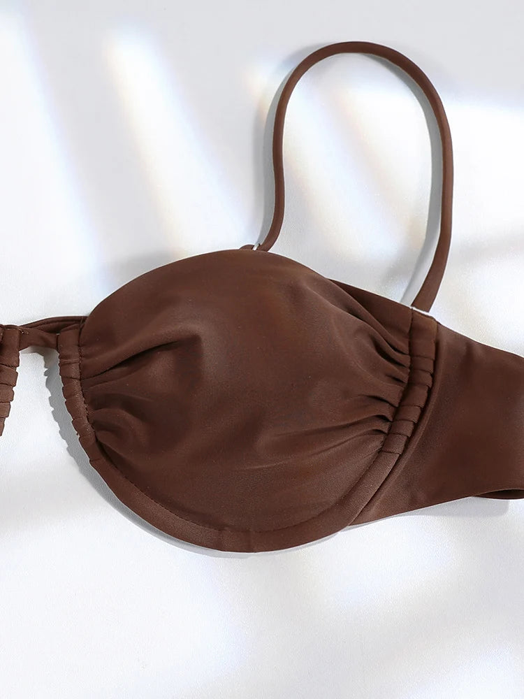 Solid Espresso Underwire Balconette Bikini Set with Sheer Wrap Skirt