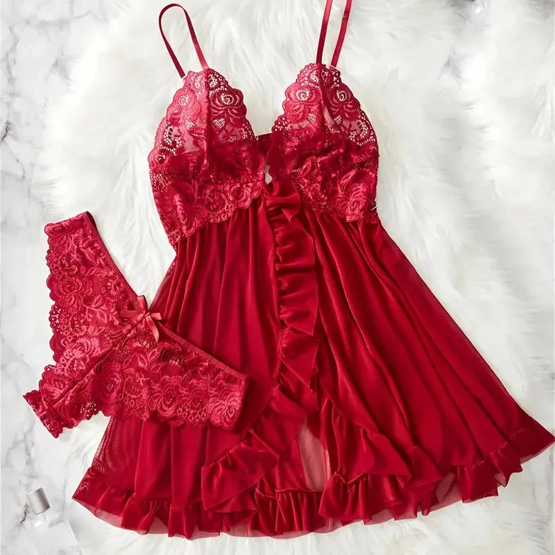 Midnight Blue Lace-Bodice Chemise Set with Playful Ruffled Hem