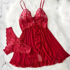 Midnight Blue Lace-Bodice Chemise Set with Playful Ruffled Hem