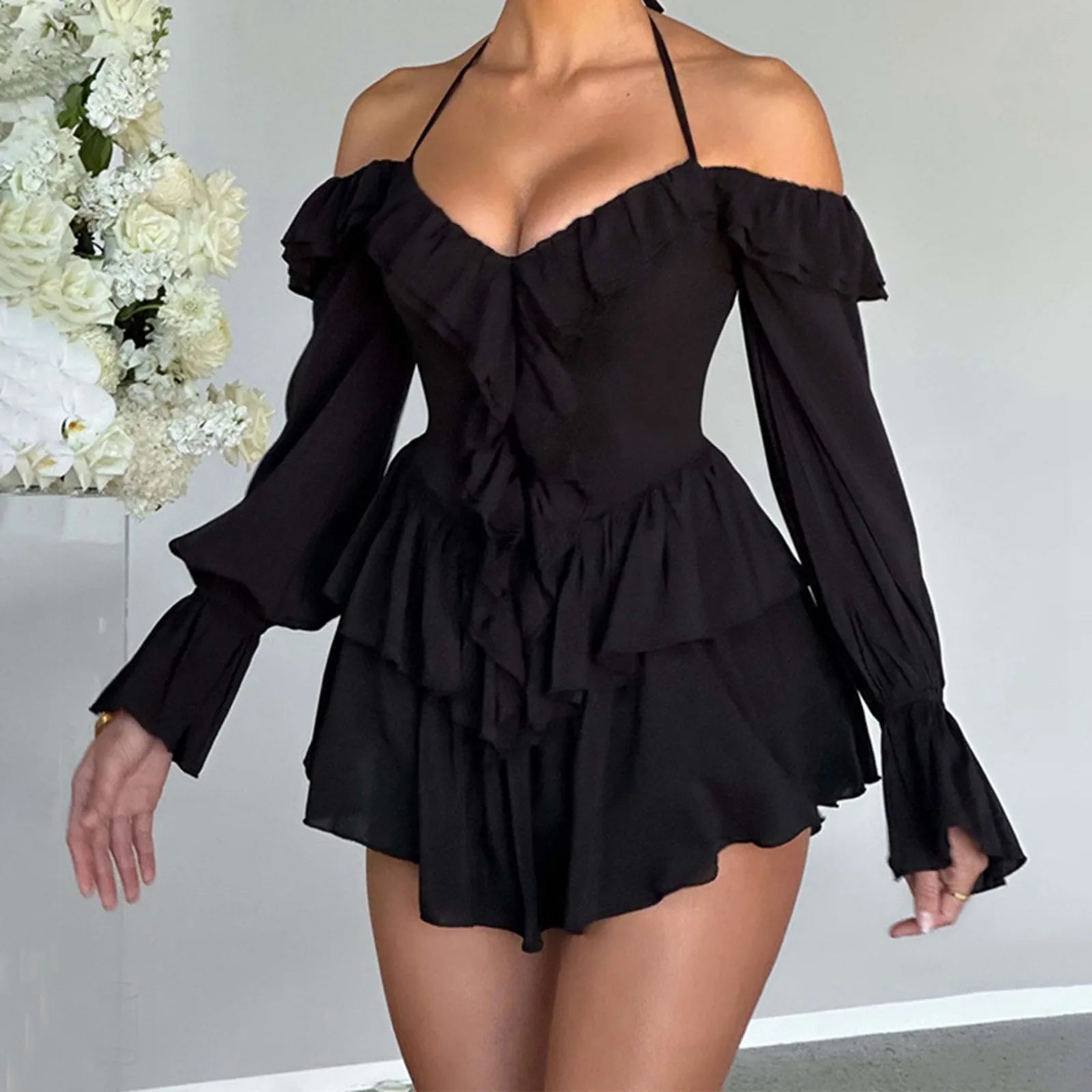 Off Shoulder Ruffle Tiered Mini Dress With Flowy A-Line Party Silhouette