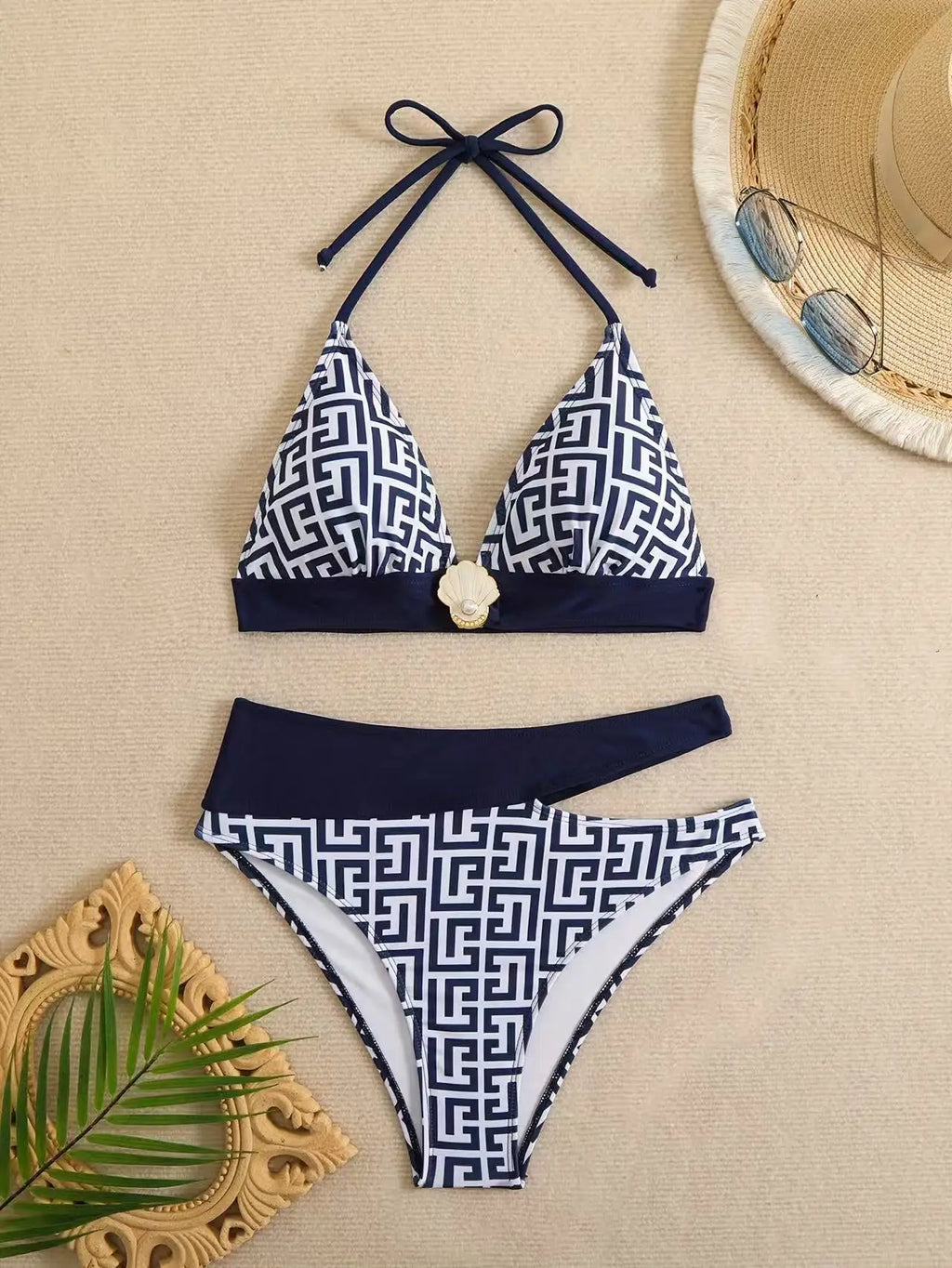 Geometric Pattern High-Waisted Bikini with Solid Navy Contrast Banding