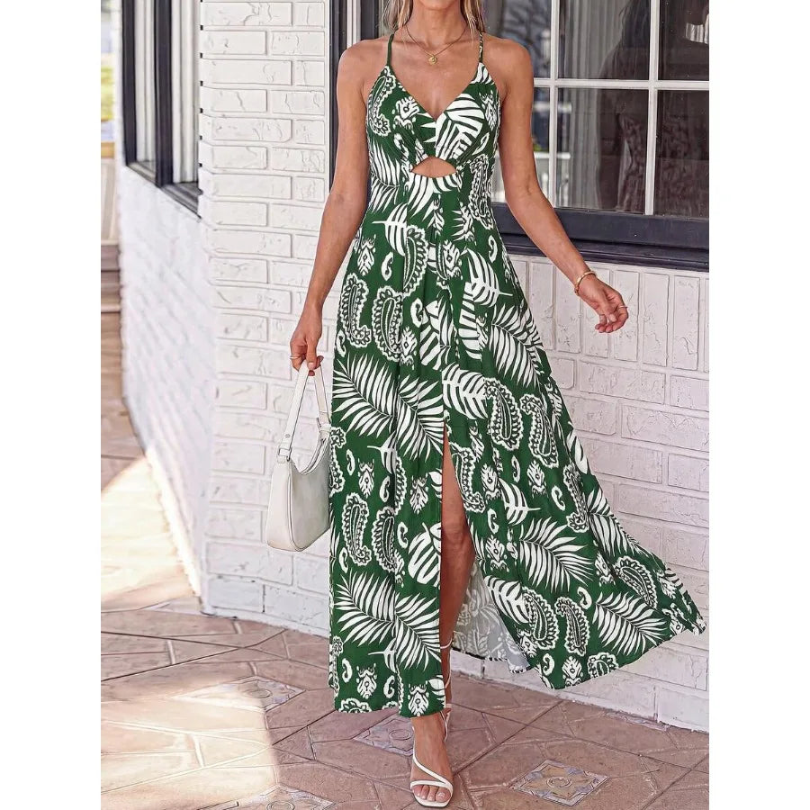 Floral Print Maxi Dress with Smocked Bodice and Open Back Detail