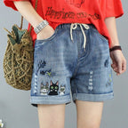 Women's Relaxed Denim Shorts with Drawstring Waist Embroidered Details and Casual Wide Leg Fit