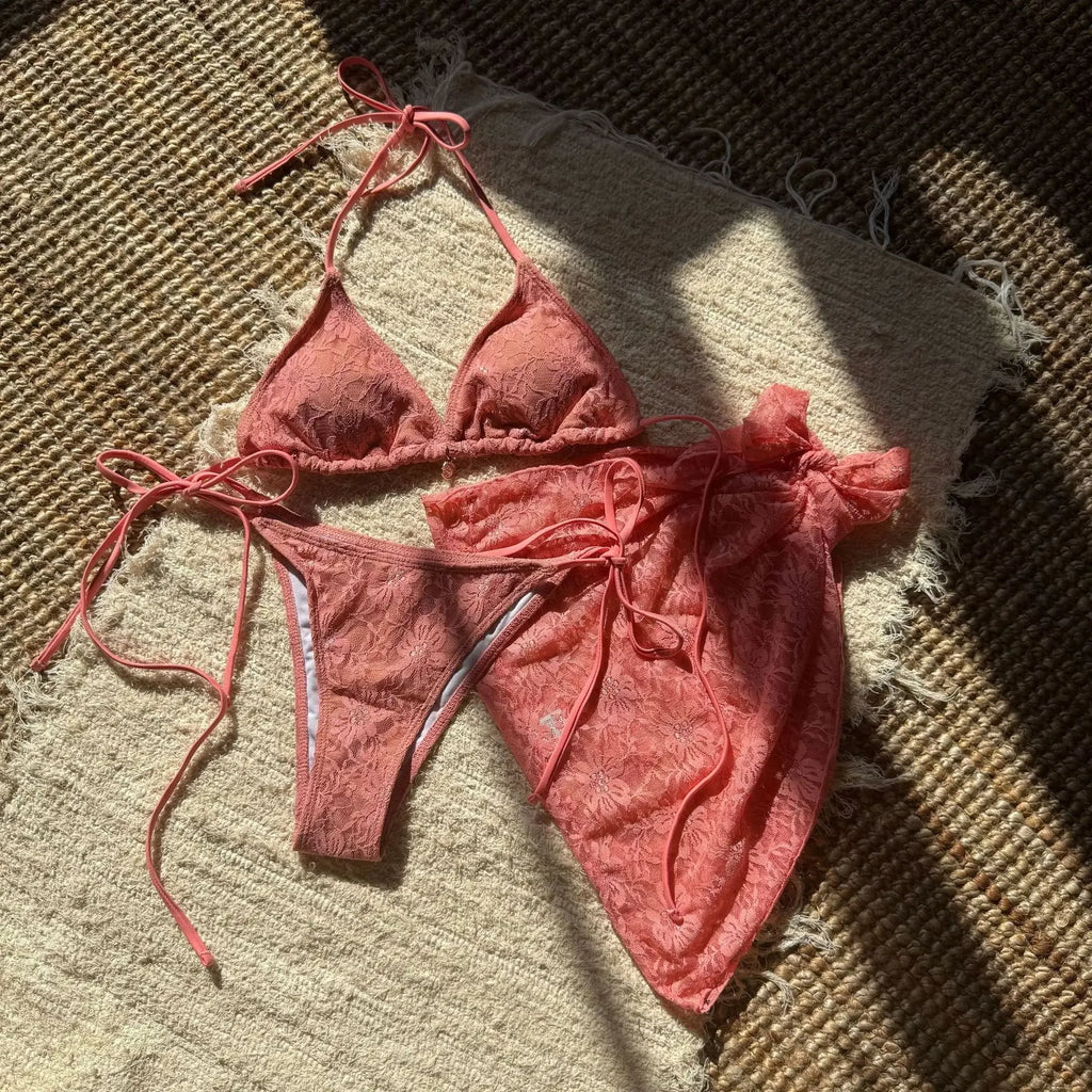 Crimson and Black Lace-Patterned Three-Piece String Bikini and Sarong Set