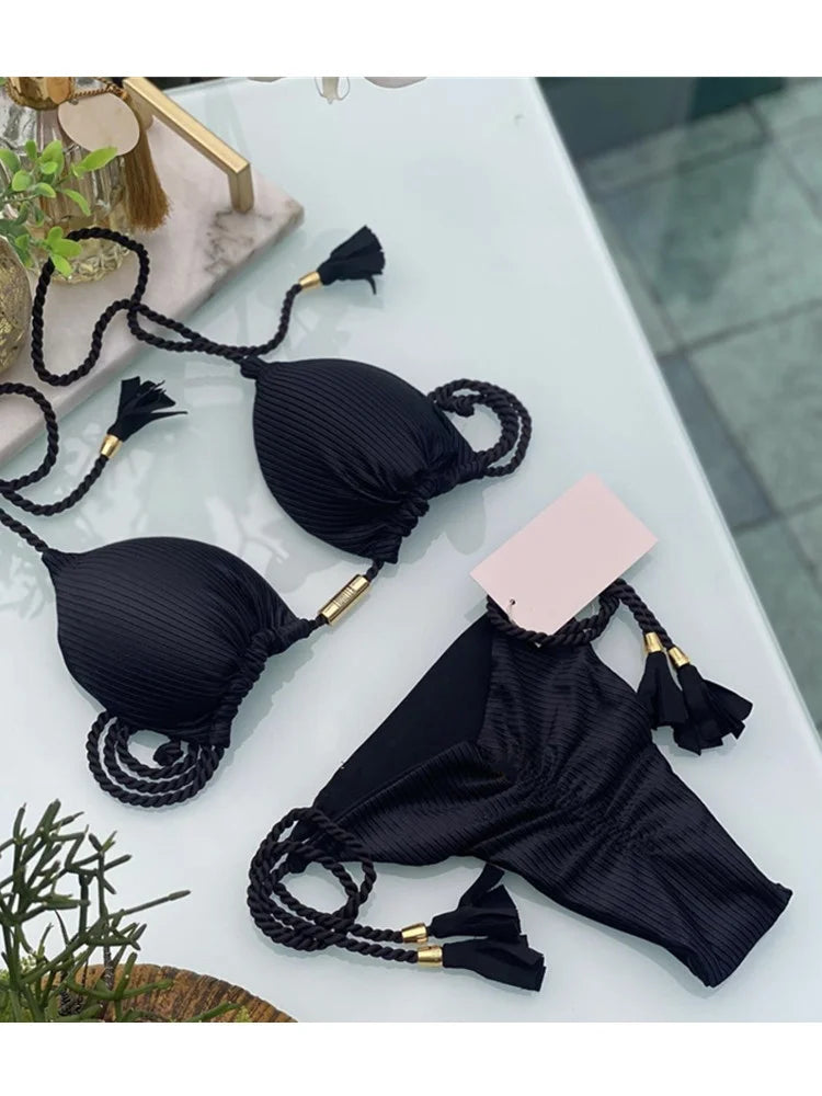 Soft Periwinkle Triangle Bikini Set with Two-Tone Twisted Rope and Tassel Details