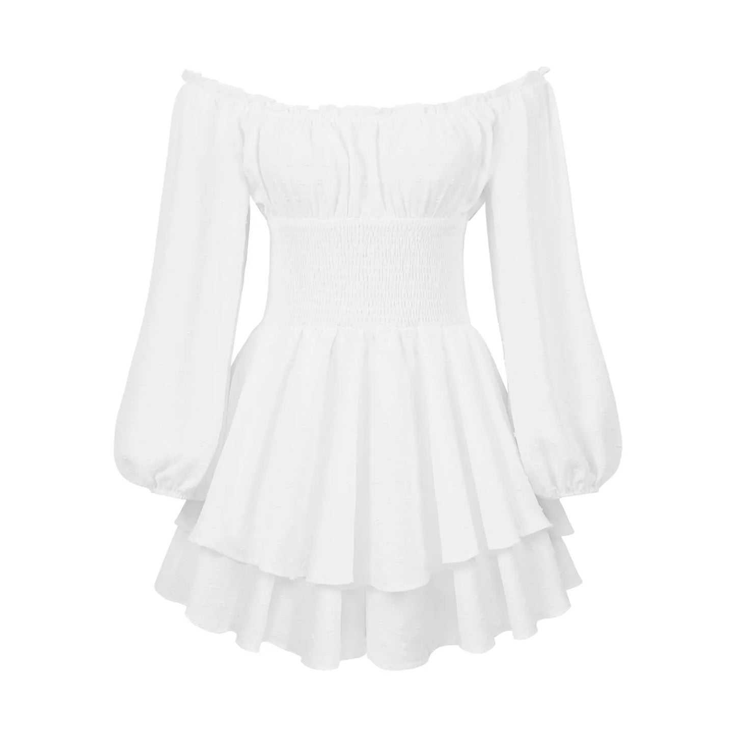 Off Shoulder Layered Ruffle Mini Dress with Flowing A-Line Silhouette