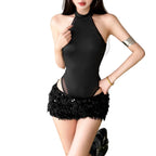 Halter Neck Mesh Panel Bodycon Bodysuit for Alternative Gothic Styling