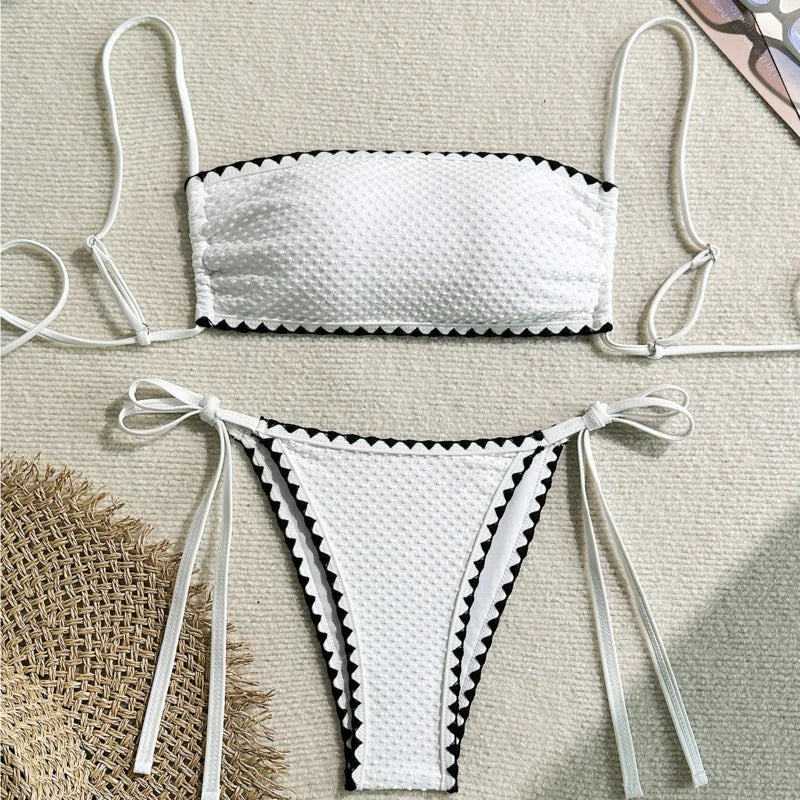Textured Pink Bandeau String Bikini with Scalloped Ruffle Trim