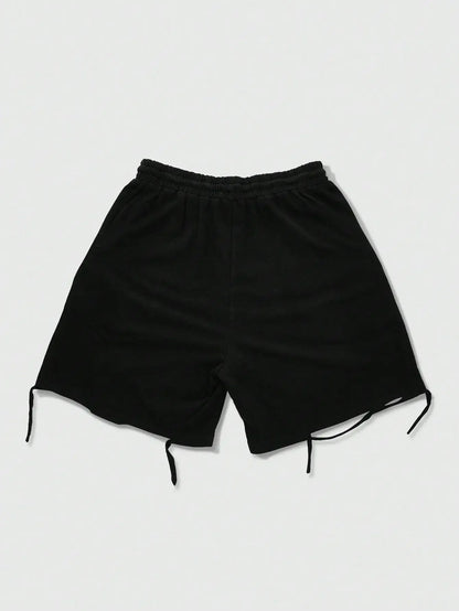 Men's Loose Graphic Print Drawstring Sports Shorts with Distressed Streetwear Inspired Design