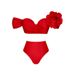 Crimson Red Plunge Swimwear Set with Dramatic 3D Floral Embellishments