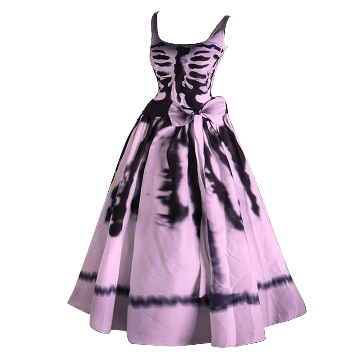 Halloween Skeleton Ribcage Print Flared Swing Dress with Waist Bow