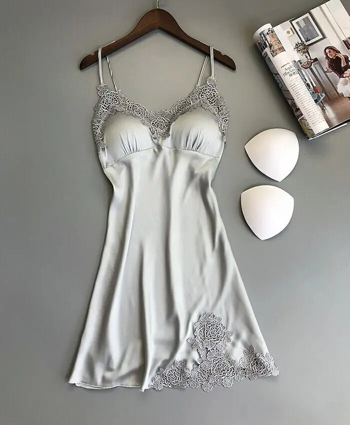 Elegant Smooth Knit Slip Dress with Lace Neckline and Removable Padding
