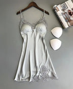 Elegant Smooth Knit Slip Dress with Lace Neckline and Removable Padding