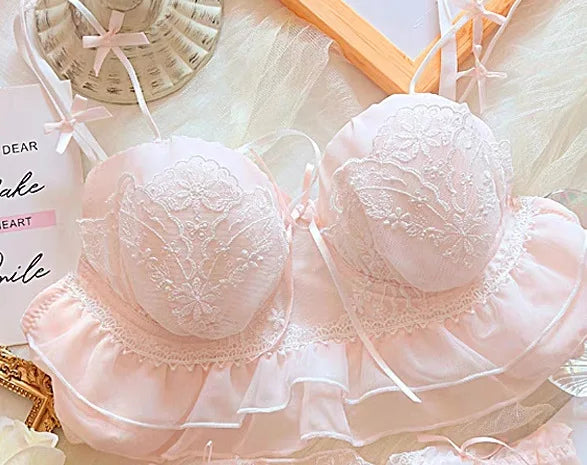 Sweet Peach Ruffled Wire-Free Bralette and Panty Set with Floral Embroidery