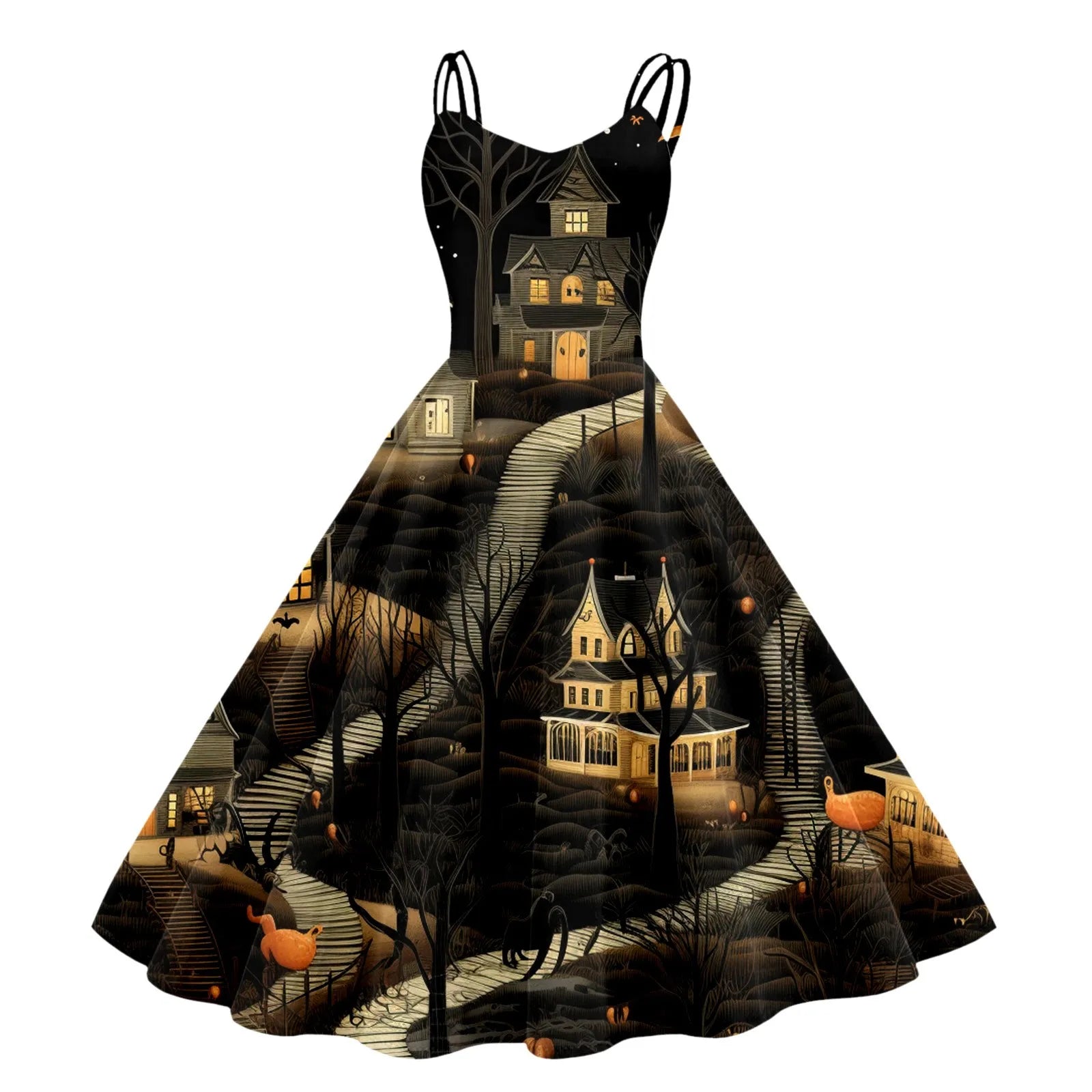 Gothic Skyline Print Vintage Flare Dress with Dark Romantic Style