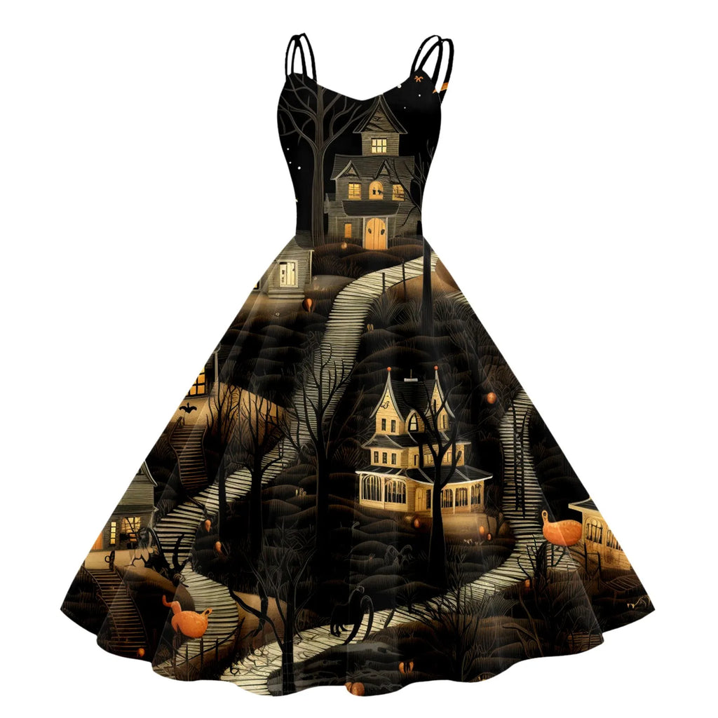 Halloween Graveyard Print Flared A-Line Dress with Double Spaghetti Straps