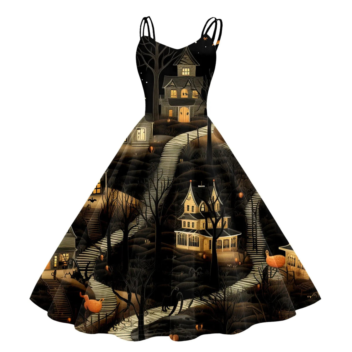 Halloween Graveyard Print Flared A-Line Dress with Double Spaghetti Straps