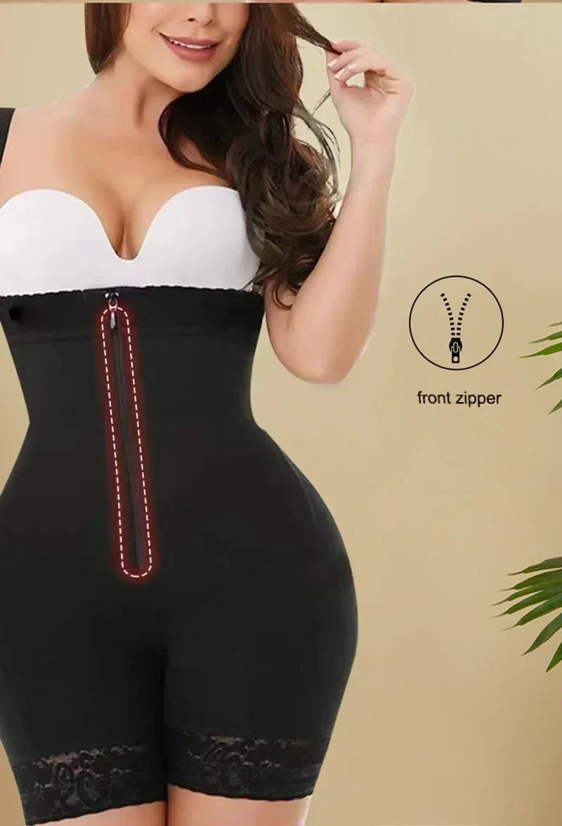 Open-Bust Zip-Front Mid-Thigh Shaping Bodysuit with Adjustable Straps