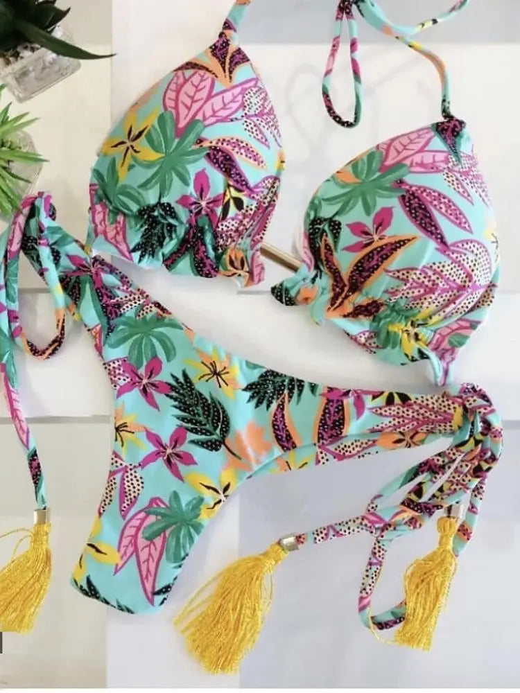 Tropical Palm Print Triangle Bikini Set with Twisted Rope Strap Details