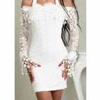 Off Shoulder Lace Detail Bodycon Mini Dress With Sheer Flare Sleeves