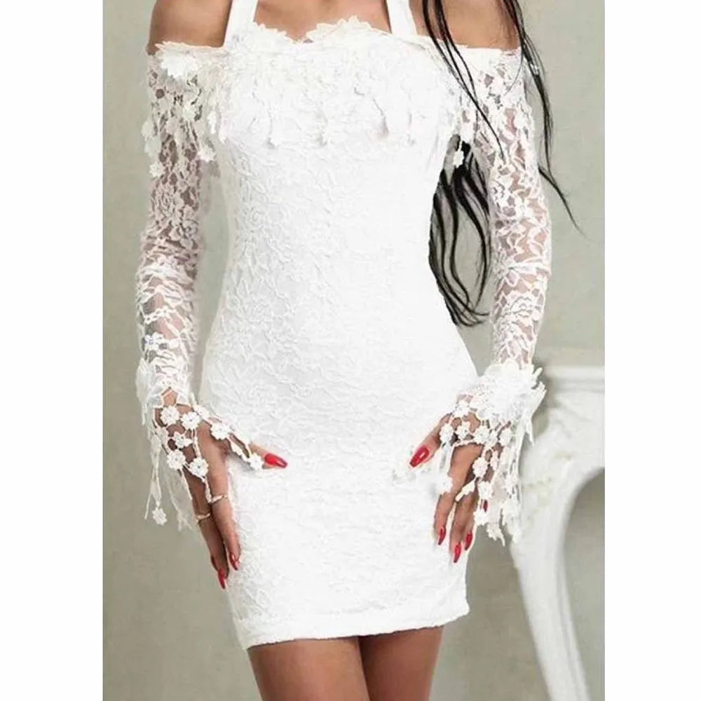 Off Shoulder Lace Detail Bodycon Mini Dress With Sheer Flare Sleeves