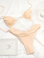 Solid Black Ruched Triangle String Bikini with Gathered Detailing