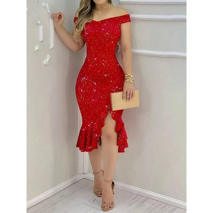 Off Shoulder Sequin Gothic Party Midi Dress With Side Slit