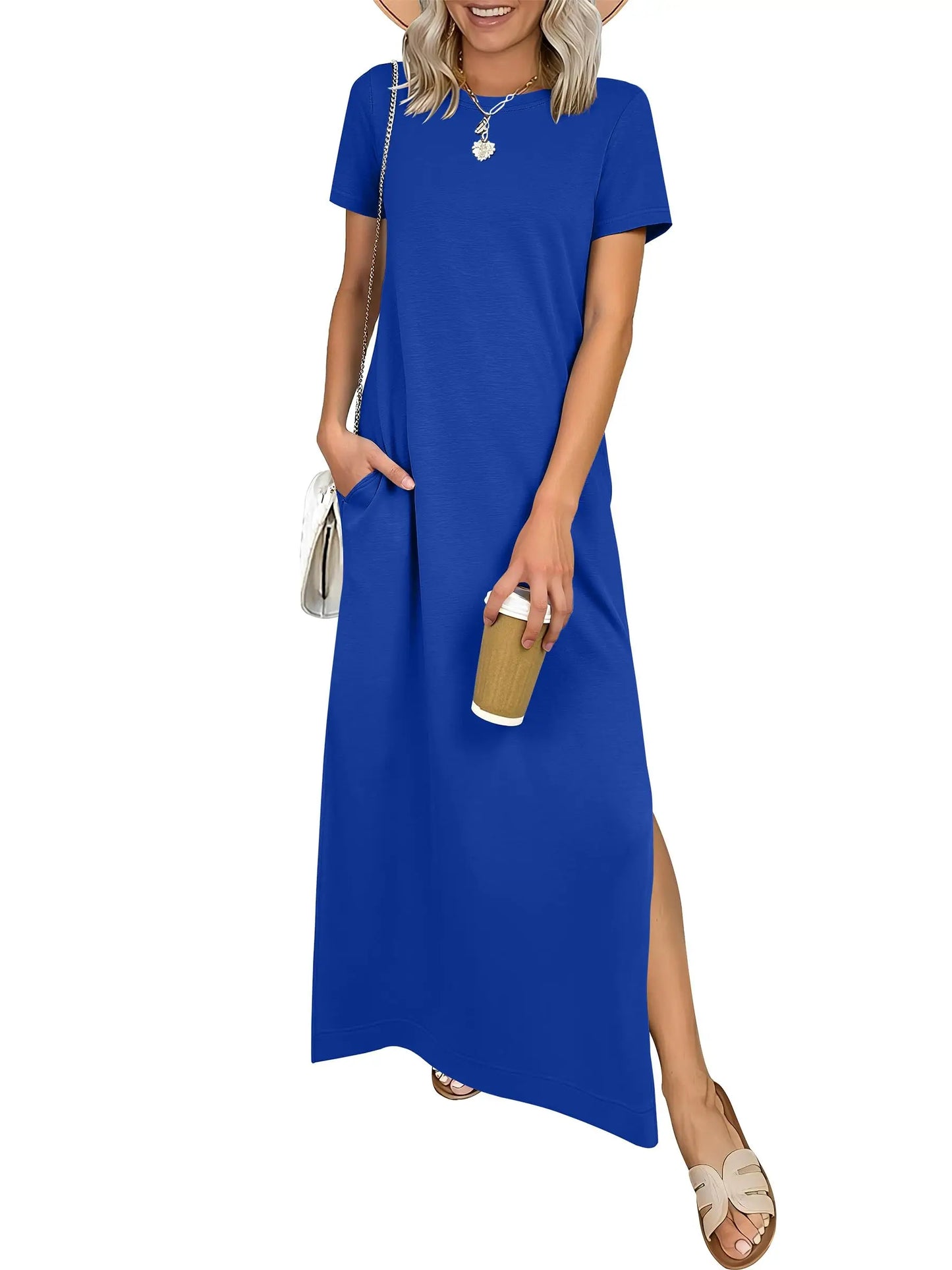 Relaxed Crew Neck Maxi Dress with Side Slits and Functional Pockets