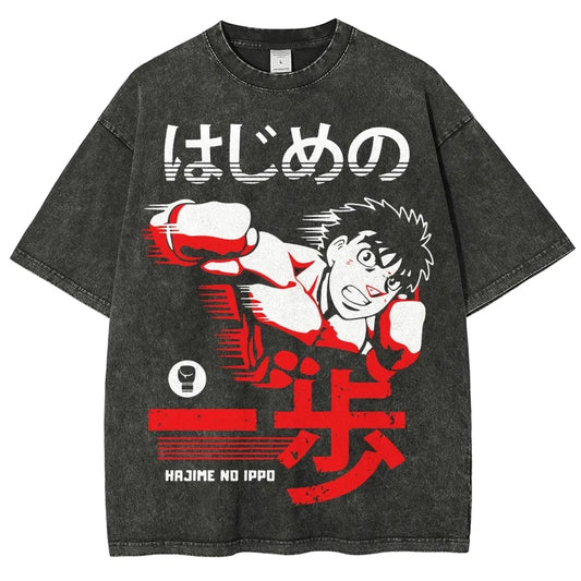 Retro Anime Boxing Streetwear Oversized Washed Cotton Graphic T-Shirt Design