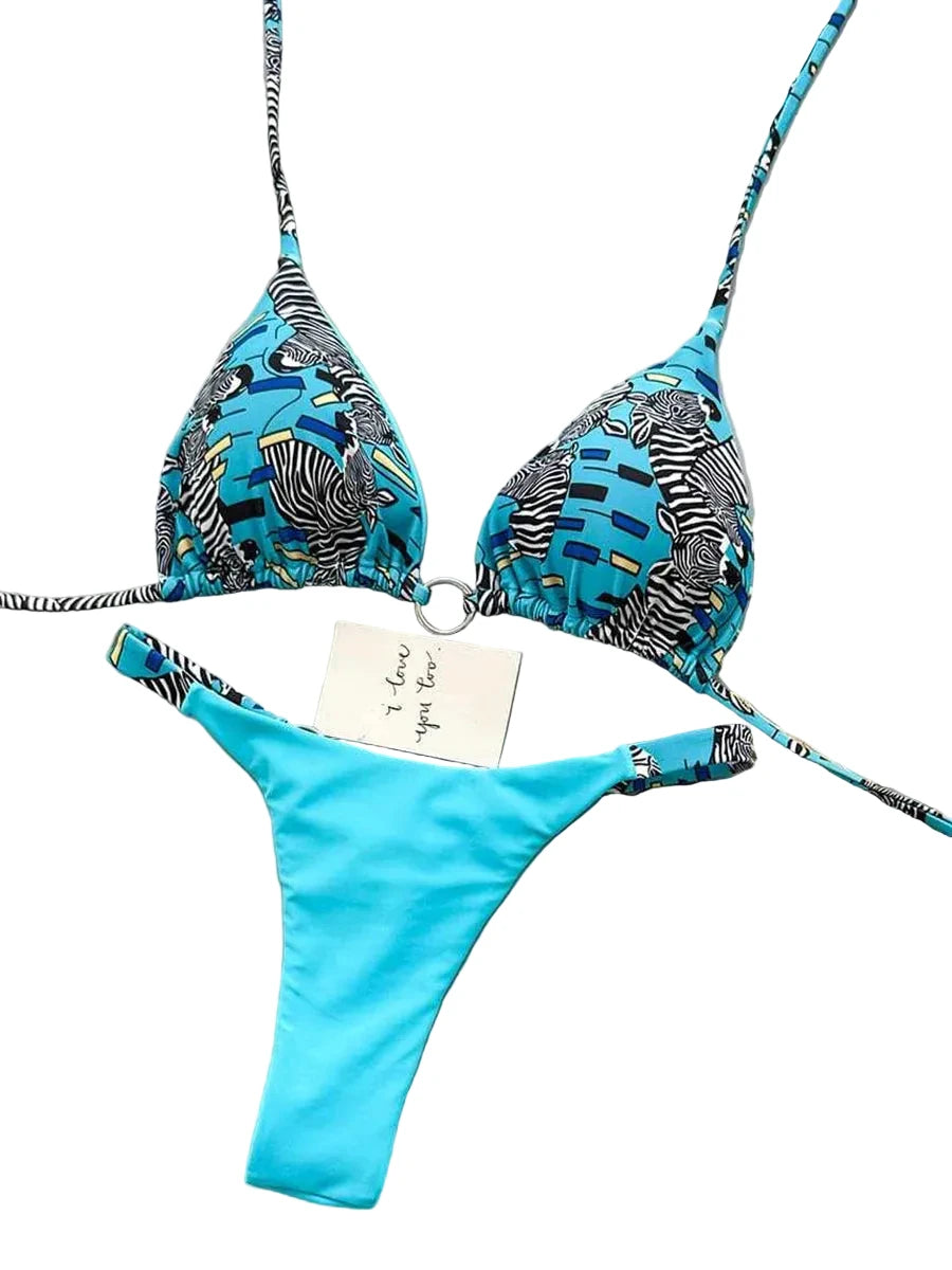 Mixed-Media Abstract Print and Turquoise String Bikini with Metallic Hardware