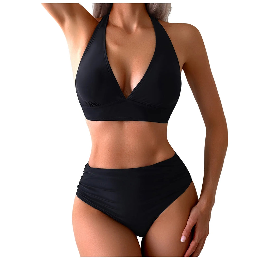 Black High-Waisted Bikini Set with Deep V-Neck Crop Top, Wide Straps and Sleek Supportive Beachwear Silhouette