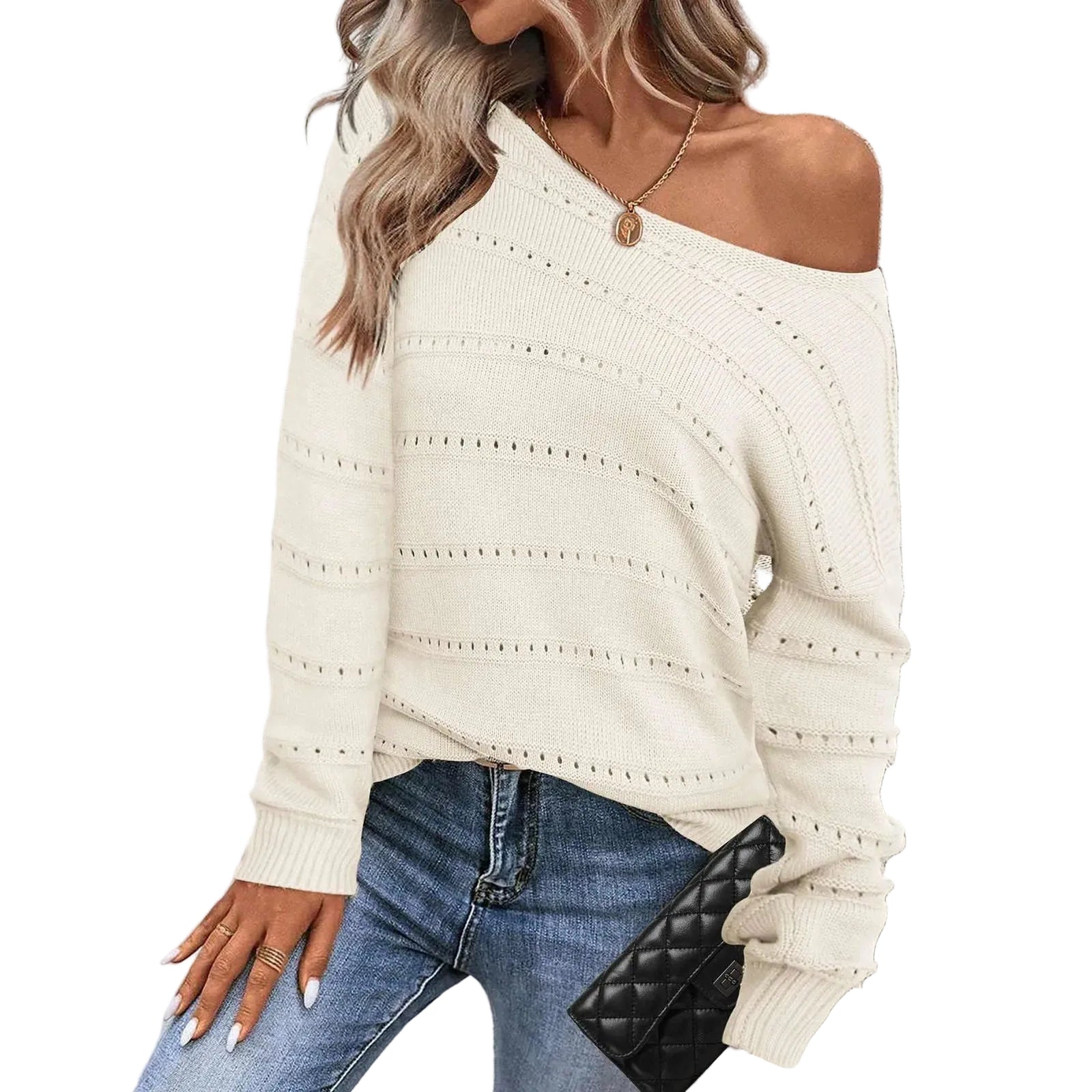 Women's Off Shoulder Loose Knit Sweater Contemporary Streetwear Pullover Top