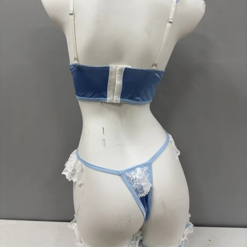 Light Blue Satin Longline Lingerie Set with Lace-Up Detailing and Ruffled Garters