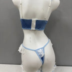 Light Blue Satin Longline Lingerie Set with Lace-Up Detailing and Ruffled Garters