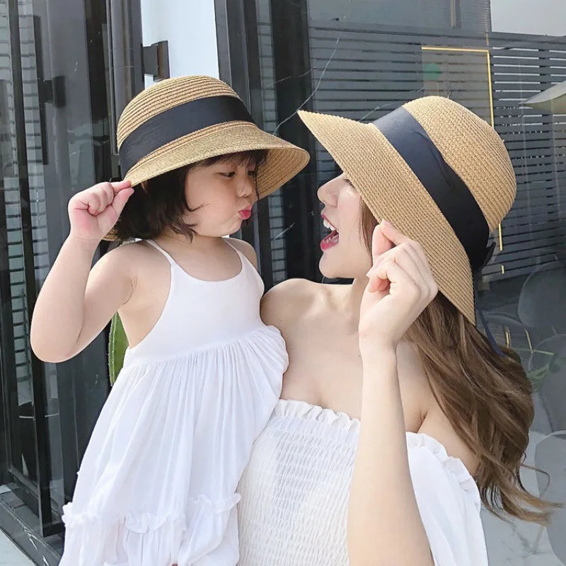 Women's Woven Straw Bucket Sun Hat with Decorative Bow for Casual Summer Outdoor Style