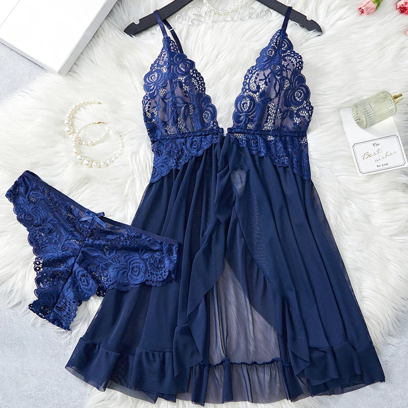 Black Floral Lace Underwire Chemise with Front Cutout and Strappy Hem Detailing