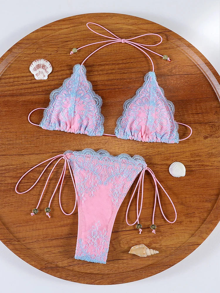 Light Blue Scalloped Lace-Trim Triangle String Bikini