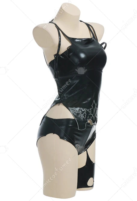 Contemporary High Gloss Strappy Cutout Bodysuit With Matching Over The Knee Statement Hosiery