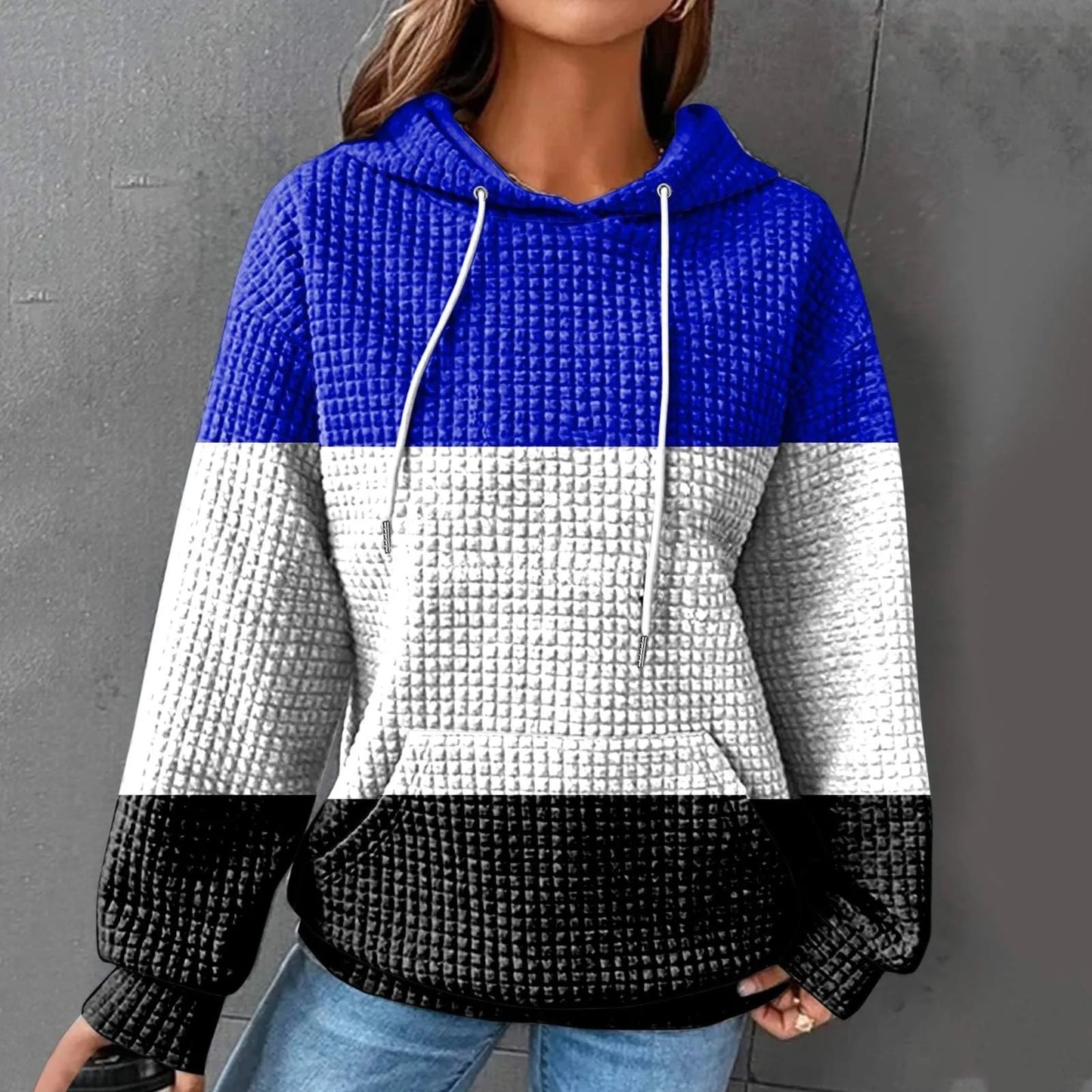 Women's Oversized Color Block Waffle Knit Hoodie for Relaxed Everyday Streetwear Style