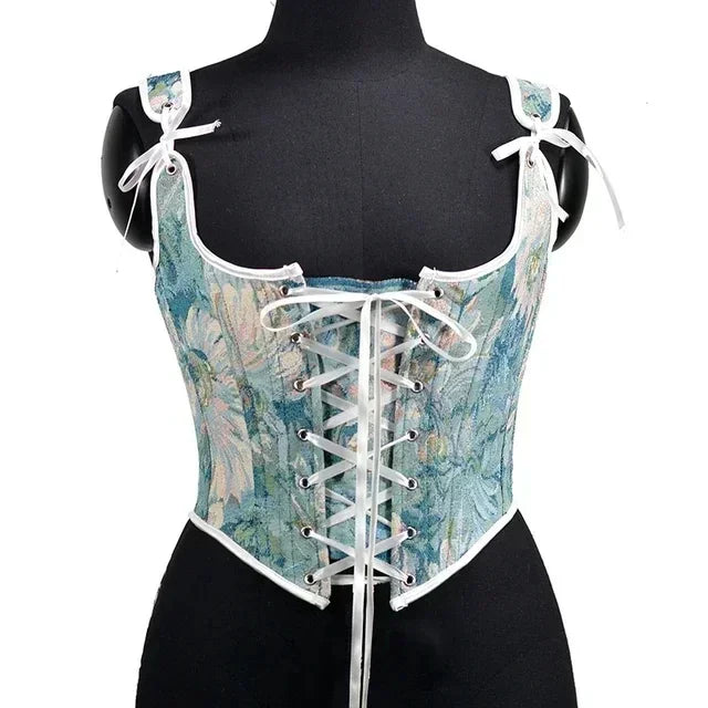 Elegant Beige Lace-Up Corset Top with Adjustable Tie-Shoulder Straps