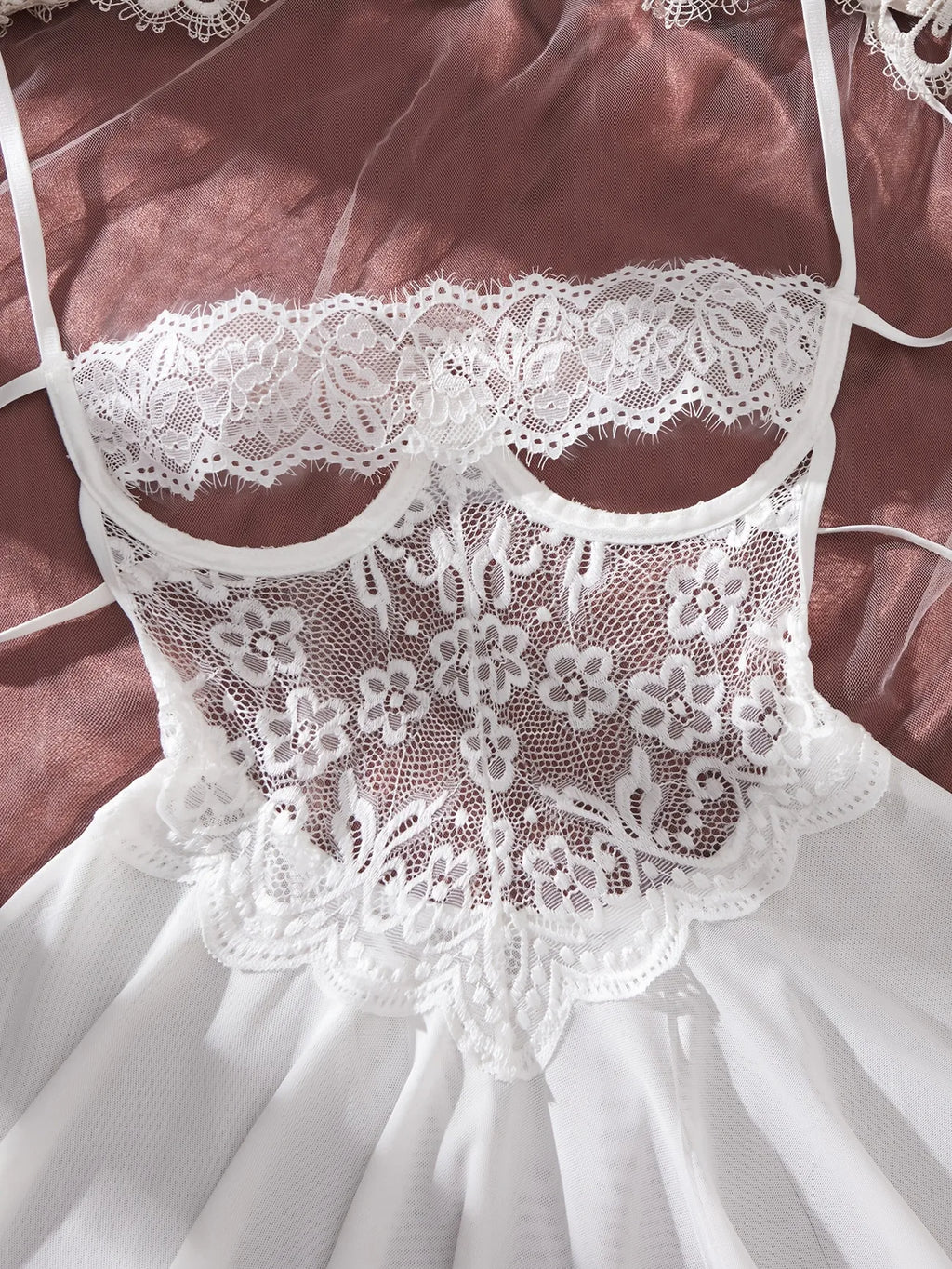 Ethereal White Sheer Lace Babydoll Set with Ruffled Tulle Skirt
