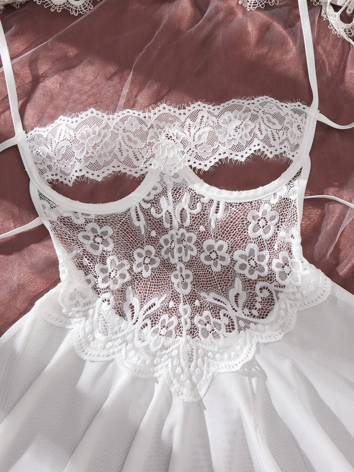 Ethereal White Sheer Lace Babydoll Set with Ruffled Tulle Skirt