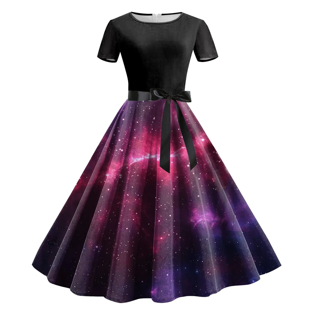 Cosmic Galaxy Print A-Line Swing Dress with Black Bodice and Waist Tie