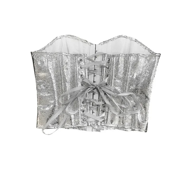 Luminous Metallic Silver Overbust Corset with Front Hook Closure