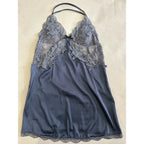 Slate Blue Satin-Finish Chemise with Strappy Back and Sheer Lace Bodice